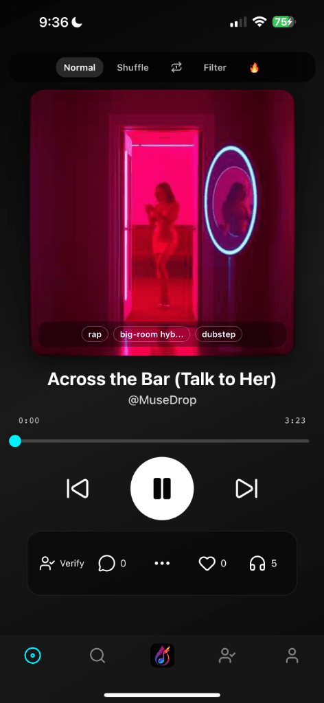 MuseDrop App - Music playback screen showing 'Across the Bar' track